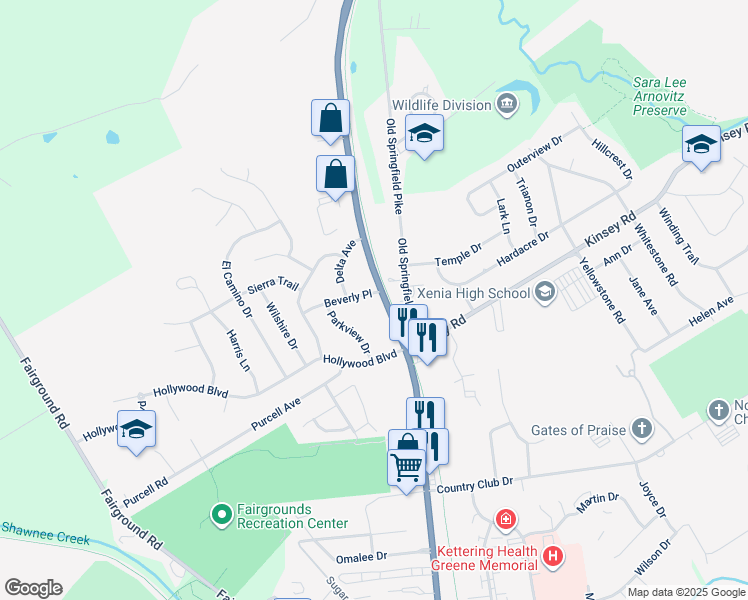 map of restaurants, bars, coffee shops, grocery stores, and more near 27 Beverly Place in Xenia