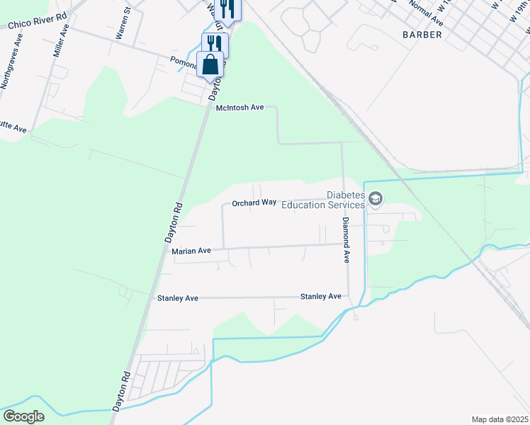 map of restaurants, bars, coffee shops, grocery stores, and more near 1266 Orchard Way in Chico