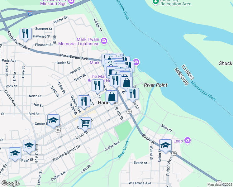 map of restaurants, bars, coffee shops, grocery stores, and more near 302 Broadway in Hannibal