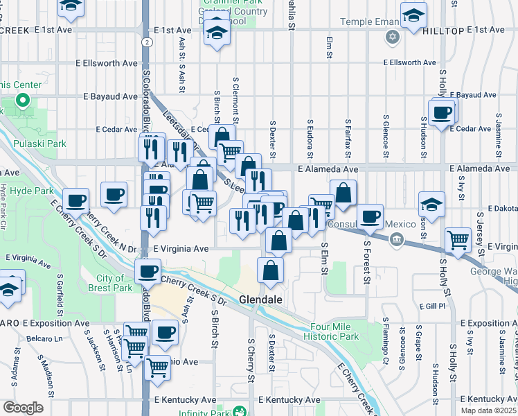 map of restaurants, bars, coffee shops, grocery stores, and more near 4590 Leetsdale Drive in Denver