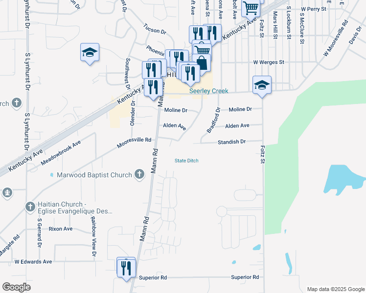 map of restaurants, bars, coffee shops, grocery stores, and more near 4315 Standish Drive in Indianapolis