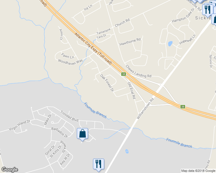 map of restaurants, bars, coffee shops, grocery stores, and more near 52 Oak Forest Drive in Winslow Township