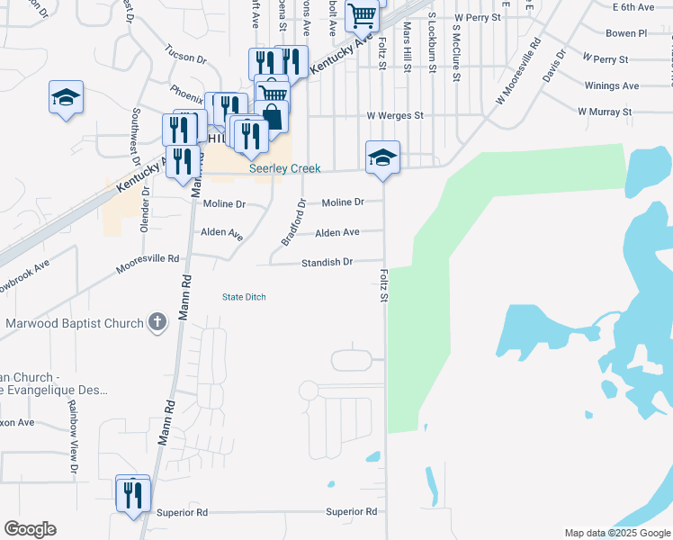 map of restaurants, bars, coffee shops, grocery stores, and more near 4041 Standish Drive in Indianapolis