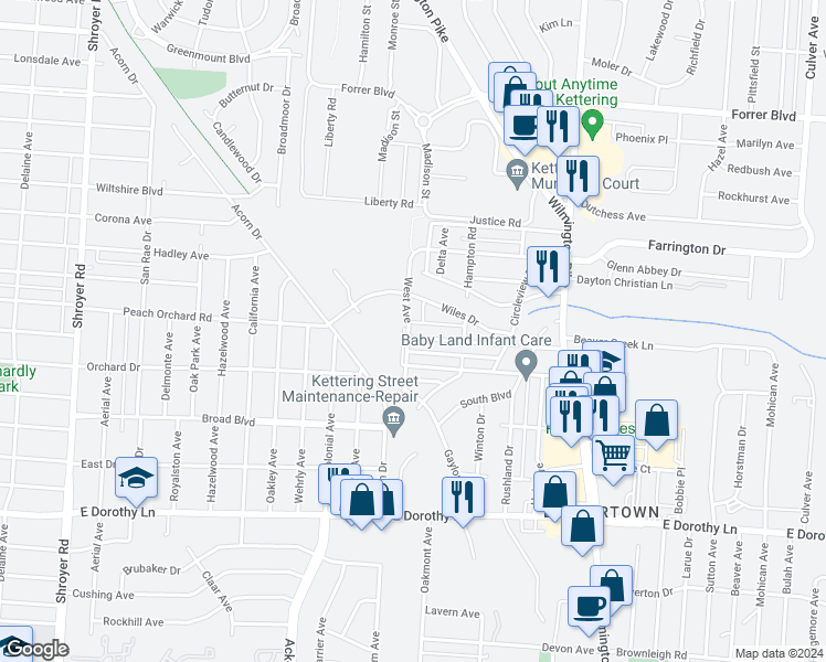 map of restaurants, bars, coffee shops, grocery stores, and more near 1001 Eldorado Avenue in Dayton