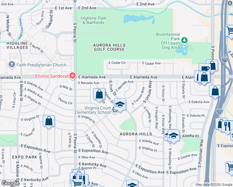 map of restaurants, bars, coffee shops, grocery stores, and more near 358 South Troy Street in Aurora