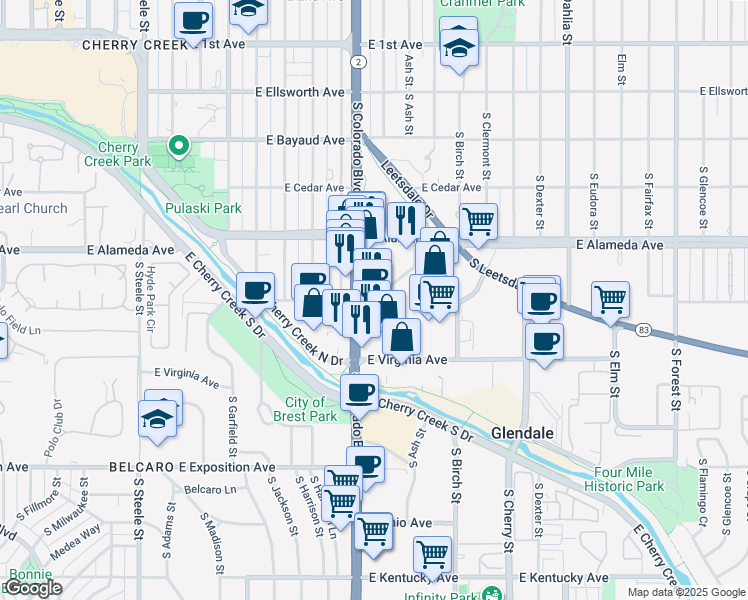map of restaurants, bars, coffee shops, grocery stores, and more near 400 South Colorado Boulevard in Denver