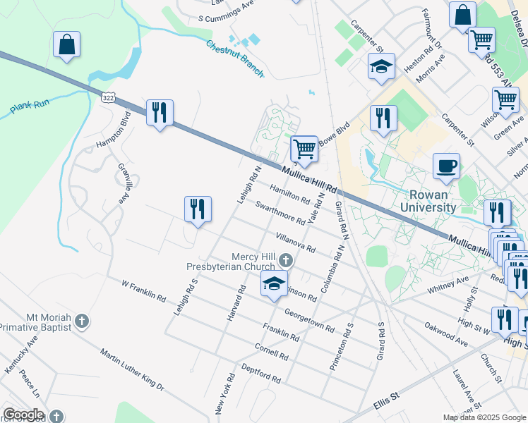 map of restaurants, bars, coffee shops, grocery stores, and more near 402 Swarthmore Road in Glassboro