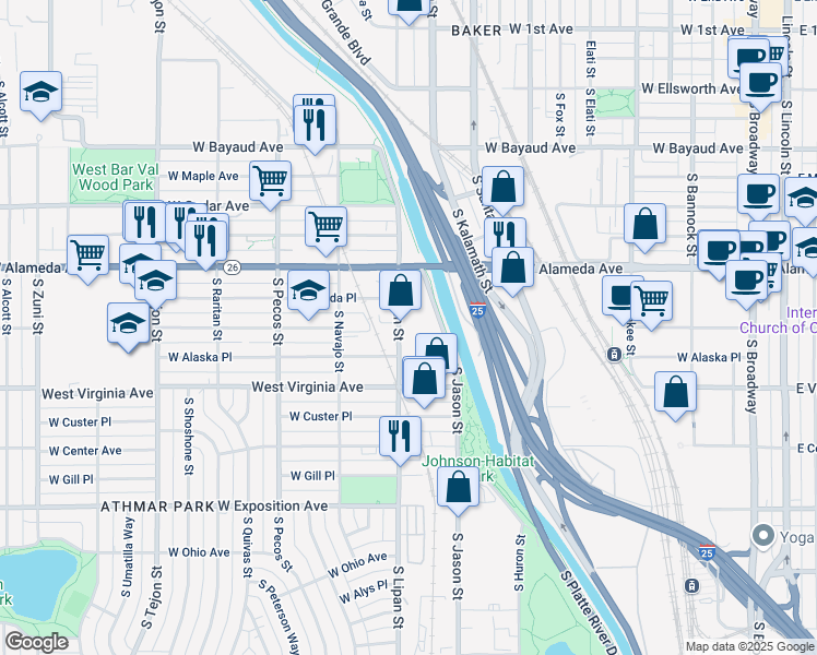map of restaurants, bars, coffee shops, grocery stores, and more near 377b South Lipan Street in Denver