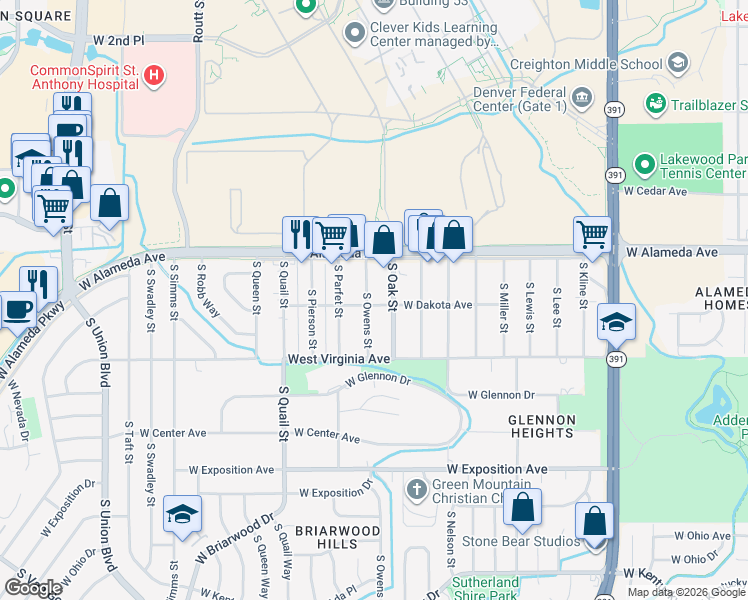 map of restaurants, bars, coffee shops, grocery stores, and more near 390 South Owens Street in Lakewood