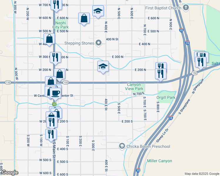 map of restaurants, bars, coffee shops, grocery stores, and more near 54 N 400 E in Nephi
