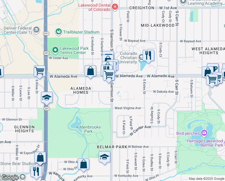 map of restaurants, bars, coffee shops, grocery stores, and more near 404 South Garrison Street in Lakewood