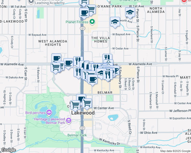 map of restaurants, bars, coffee shops, grocery stores, and more near 7399 West Alaska Drive in Denver