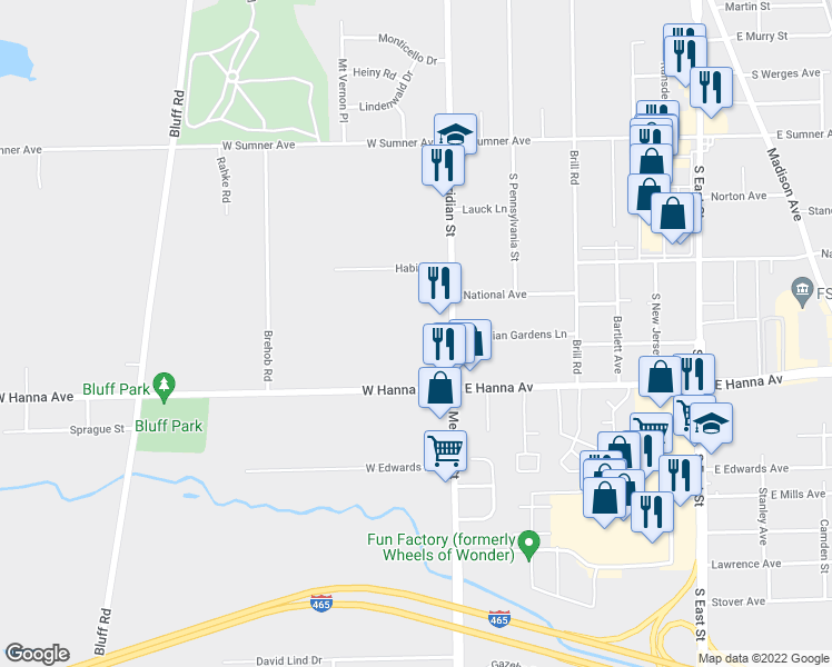 map of restaurants, bars, coffee shops, grocery stores, and more near 3920 South Meridian Street in Indianapolis