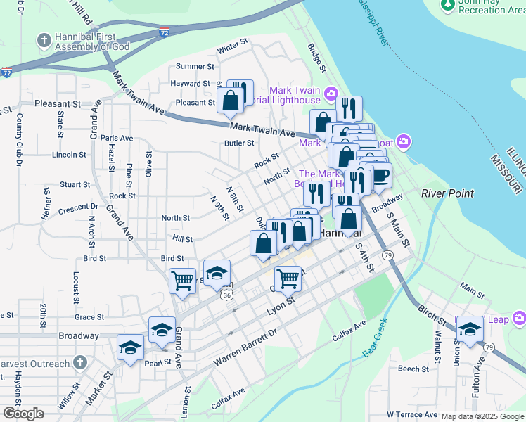 map of restaurants, bars, coffee shops, grocery stores, and more near 319 North 7th Street in Hannibal