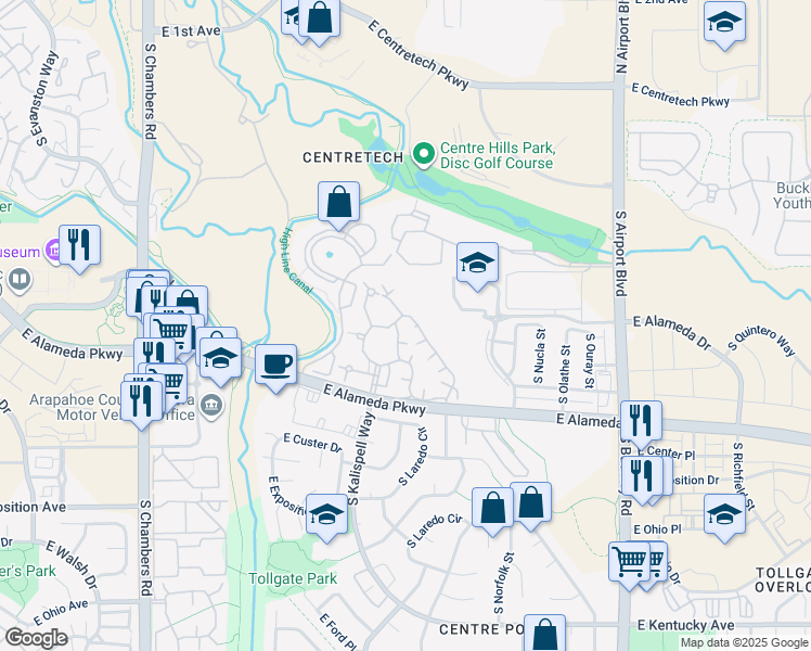 map of restaurants, bars, coffee shops, grocery stores, and more near 427 South Memphis Way in Aurora