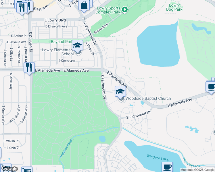 map of restaurants, bars, coffee shops, grocery stores, and more near 8225 Fairmount Drive in Denver