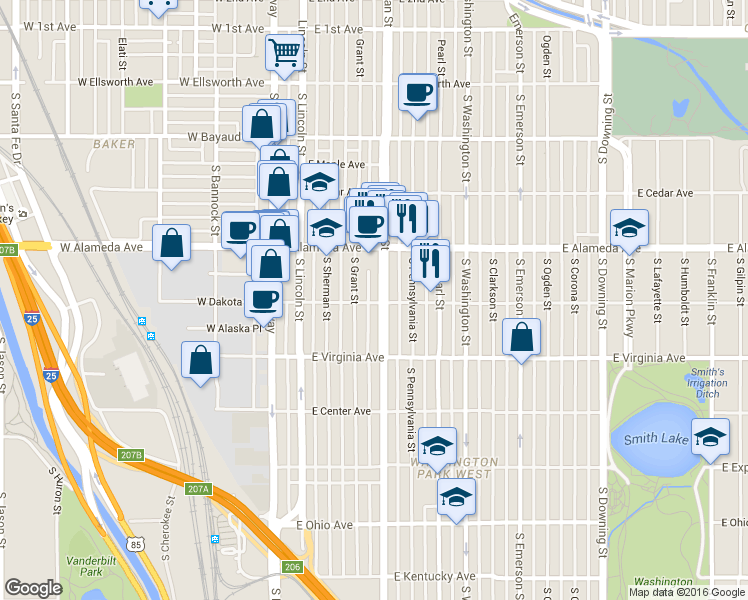 map of restaurants, bars, coffee shops, grocery stores, and more near 394 South Grant Street in Denver