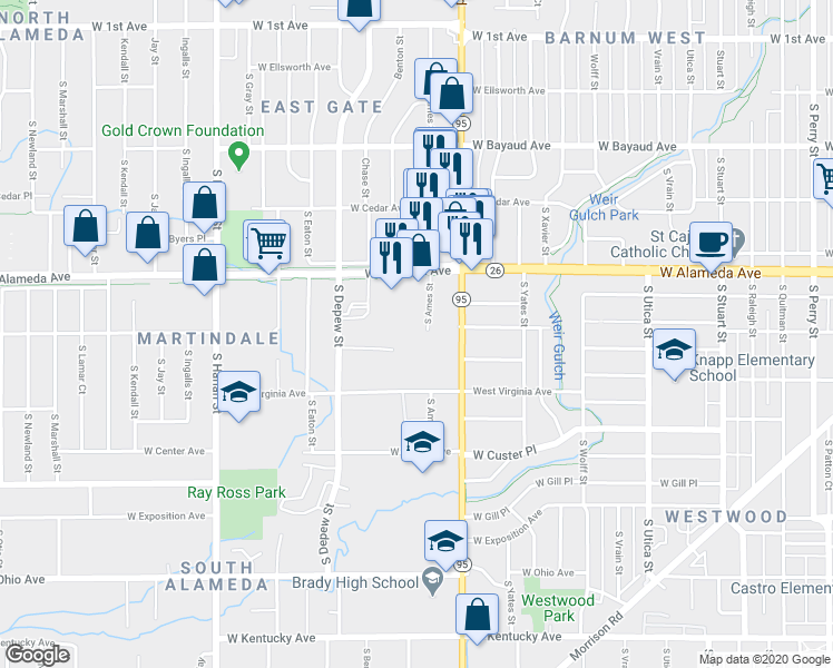 map of restaurants, bars, coffee shops, grocery stores, and more near 440 South Depew Street in Denver