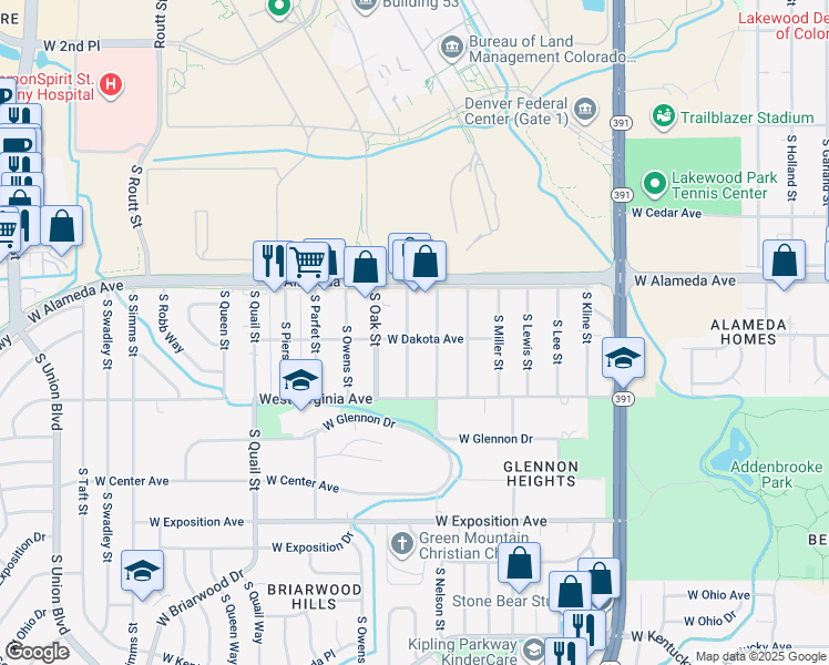 map of restaurants, bars, coffee shops, grocery stores, and more near 10605 West Dakota Avenue in Lakewood