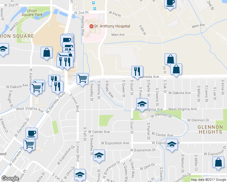 map of restaurants, bars, coffee shops, grocery stores, and more near 393 South Queen Circle in Lakewood