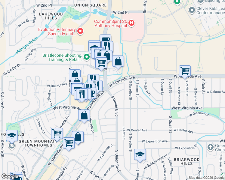 map of restaurants, bars, coffee shops, grocery stores, and more near 11970 West Alameda Parkway Service Road in Lakewood