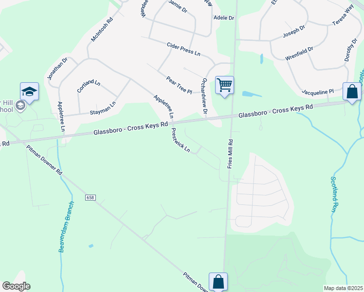map of restaurants, bars, coffee shops, grocery stores, and more near Prestwick Lane in Monroe