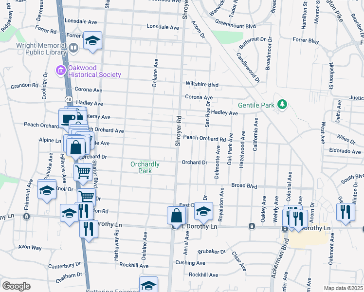 map of restaurants, bars, coffee shops, grocery stores, and more near 2321 Shroyer Road in Dayton