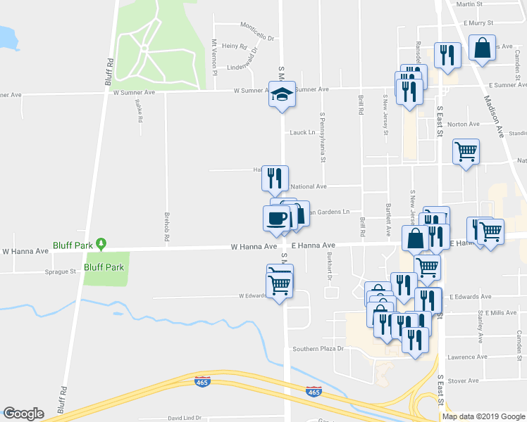 map of restaurants, bars, coffee shops, grocery stores, and more near 3920 South Meridian Street in Indianapolis