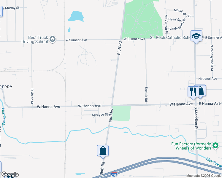 map of restaurants, bars, coffee shops, grocery stores, and more near 3828 Bluff Road in Indianapolis