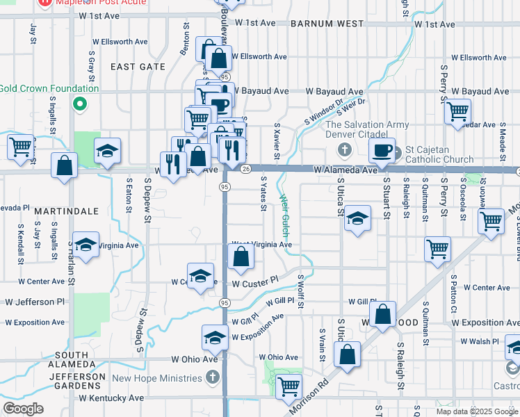 map of restaurants, bars, coffee shops, grocery stores, and more near 5000 West Dakota Avenue in Denver
