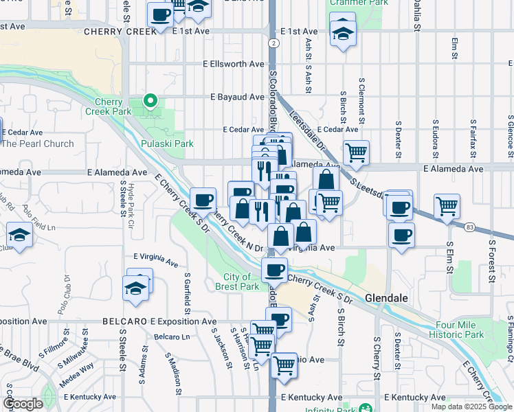 map of restaurants, bars, coffee shops, grocery stores, and more near 399 South Harrison Street in Denver