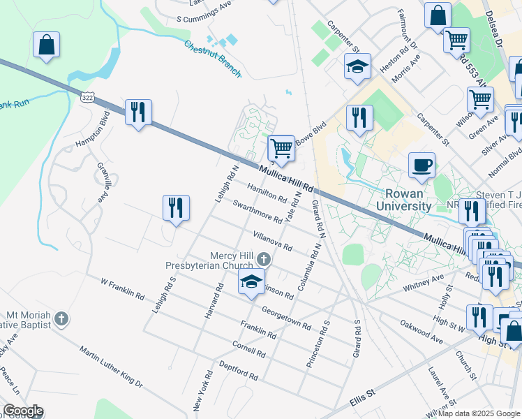 map of restaurants, bars, coffee shops, grocery stores, and more near 317 Swarthmore Road in Glassboro