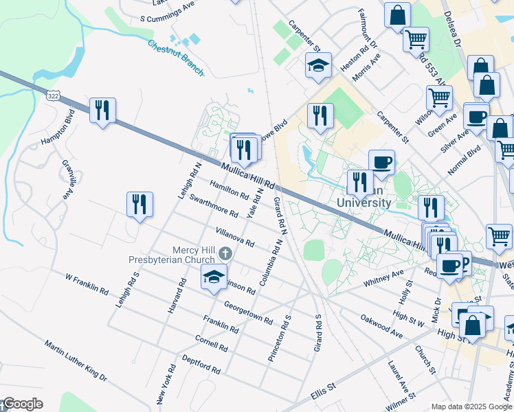 map of restaurants, bars, coffee shops, grocery stores, and more near 222 Hamilton Road in Glassboro