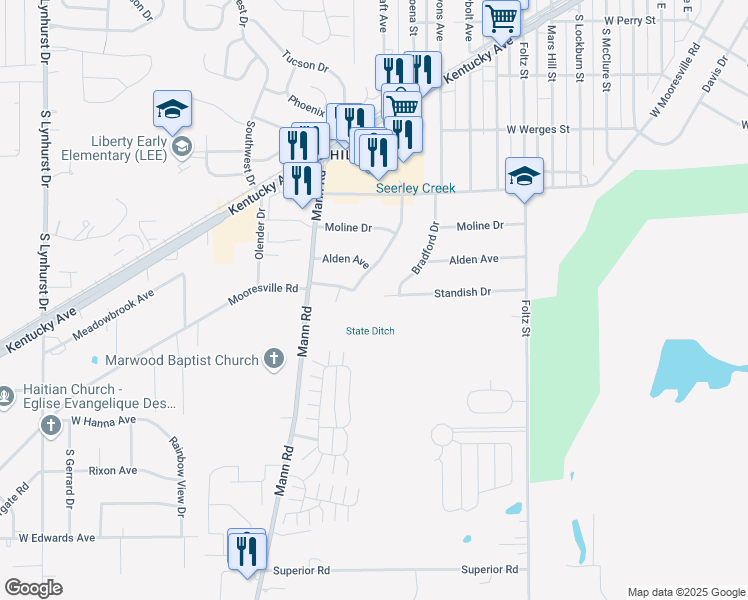 map of restaurants, bars, coffee shops, grocery stores, and more near 4315 Standish Drive in Indianapolis