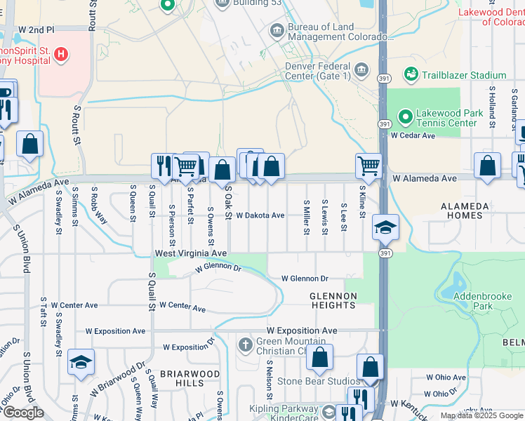 map of restaurants, bars, coffee shops, grocery stores, and more near 10605 West Dakota Avenue in Lakewood