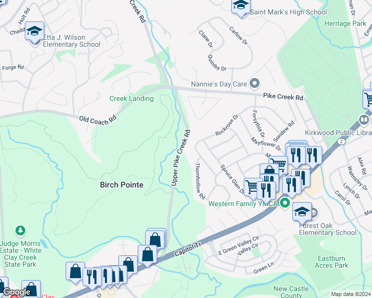 map of restaurants, bars, coffee shops, grocery stores, and more near 112 Upper Pike Creek Road in Newark