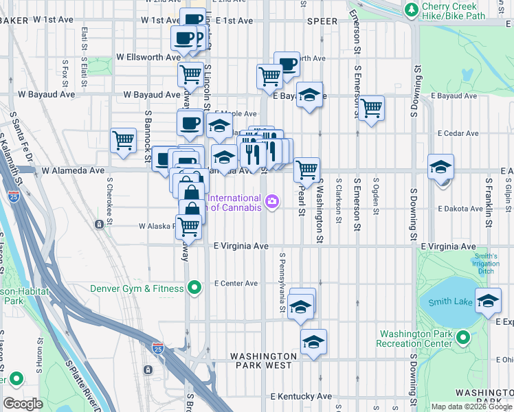 map of restaurants, bars, coffee shops, grocery stores, and more near 394 South Grant Street in Denver