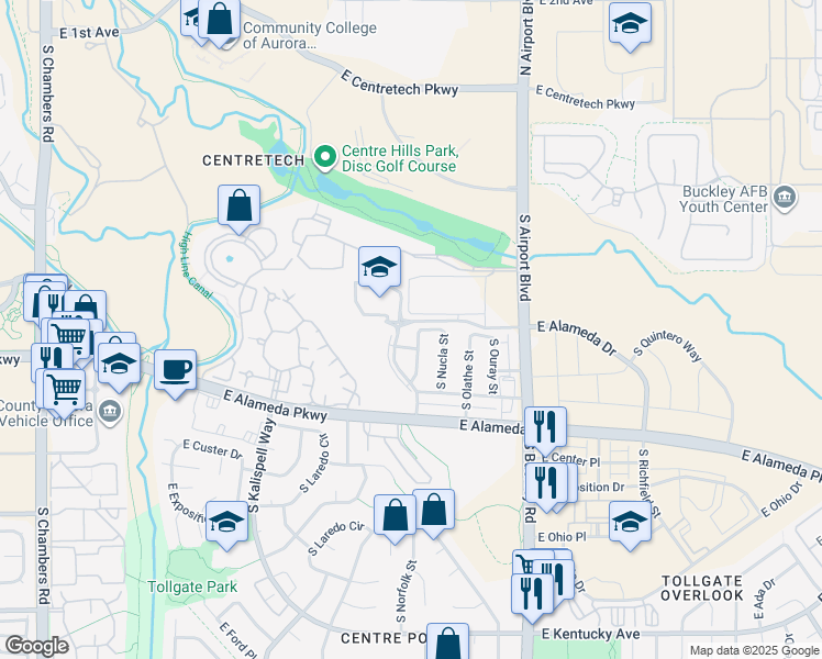 map of restaurants, bars, coffee shops, grocery stores, and more near 403 South Norfolk Way in Aurora