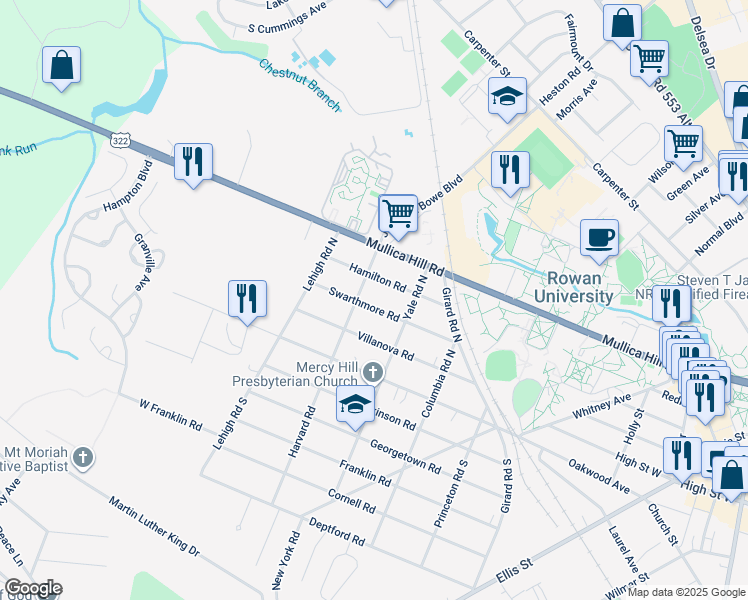 map of restaurants, bars, coffee shops, grocery stores, and more near 317 Swarthmore Road in Glassboro
