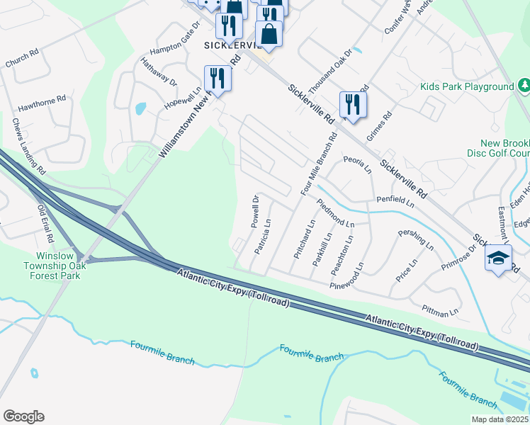 map of restaurants, bars, coffee shops, grocery stores, and more near 6 Patricia Lane in Sicklerville