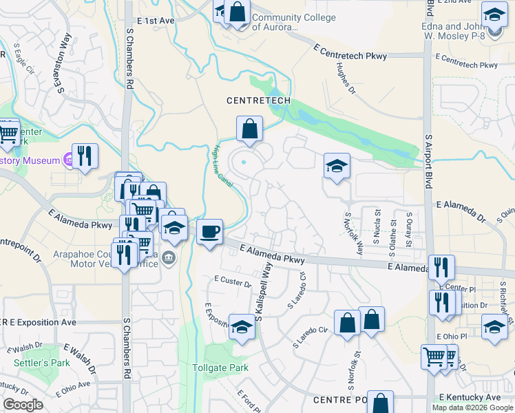 map of restaurants, bars, coffee shops, grocery stores, and more near 401 South Kalispell Way in Aurora