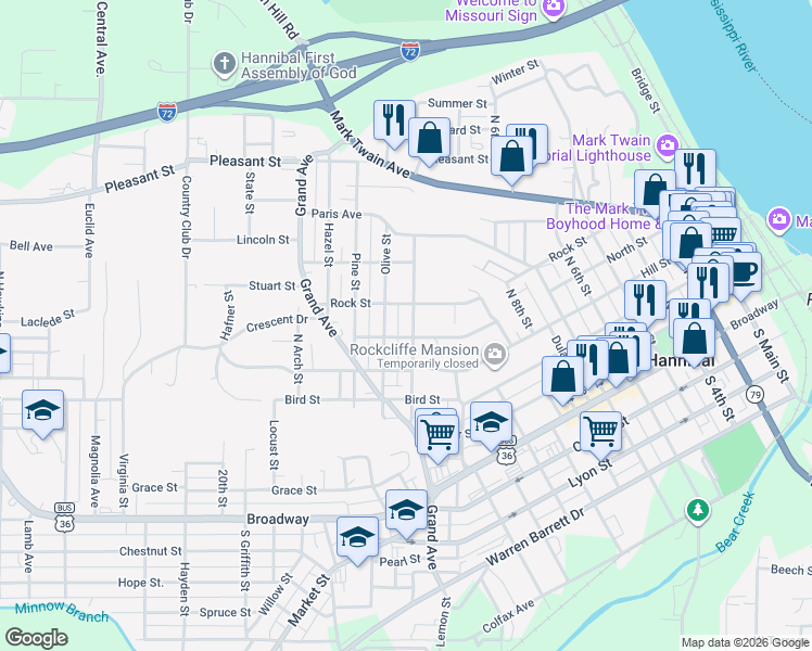 map of restaurants, bars, coffee shops, grocery stores, and more near 505 North Section Street in Hannibal