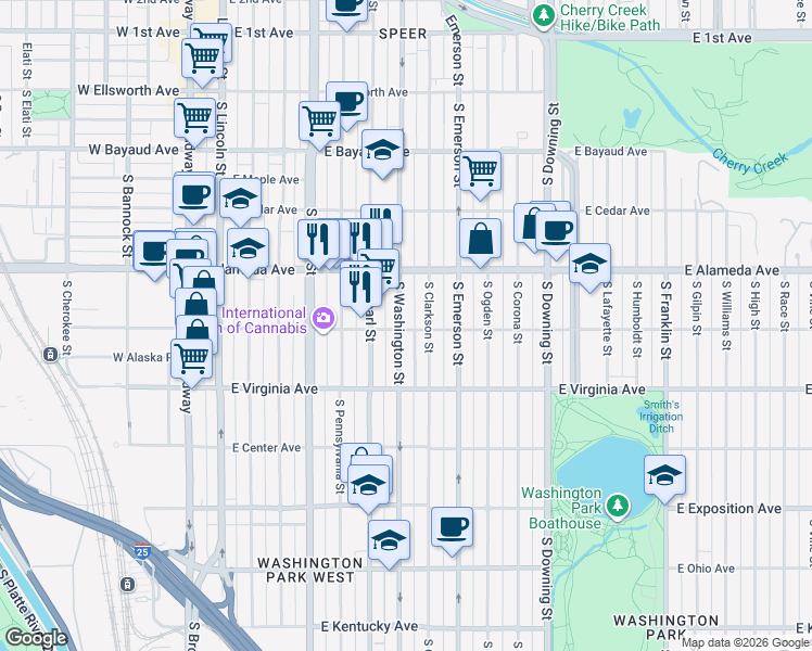 map of restaurants, bars, coffee shops, grocery stores, and more near 394 South Washington Street in Denver