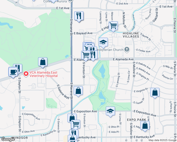 map of restaurants, bars, coffee shops, grocery stores, and more near 384 South Ironton Street in Aurora