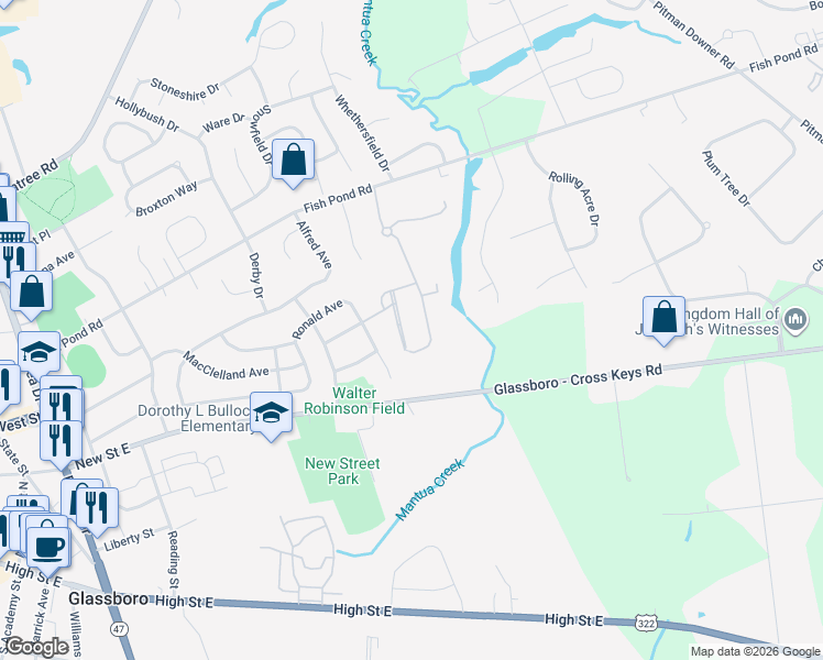 map of restaurants, bars, coffee shops, grocery stores, and more near 60 Pintail Drive in Glassboro