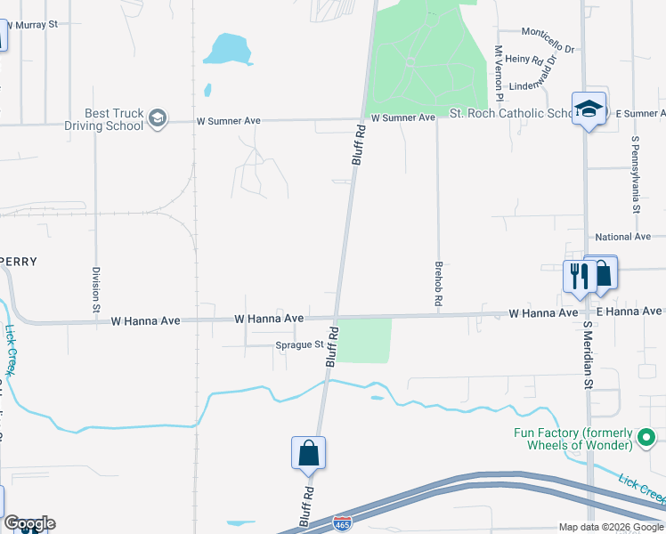 map of restaurants, bars, coffee shops, grocery stores, and more near 3828 Bluff Road in Indianapolis