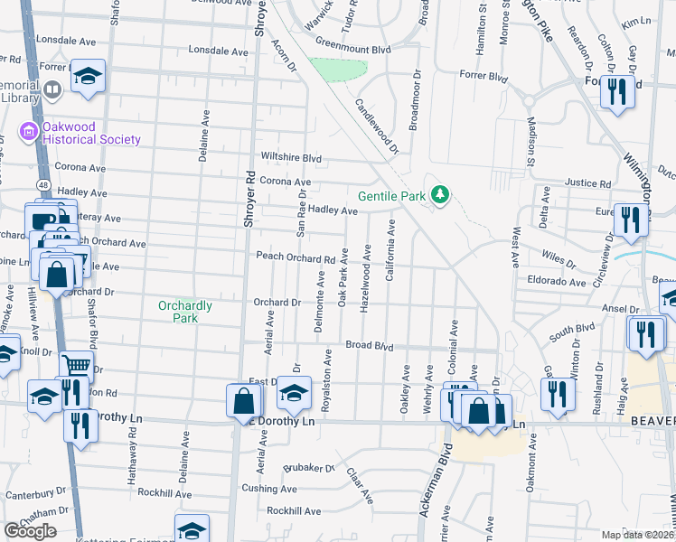 map of restaurants, bars, coffee shops, grocery stores, and more near 2615 Oak Park Avenue in Kettering