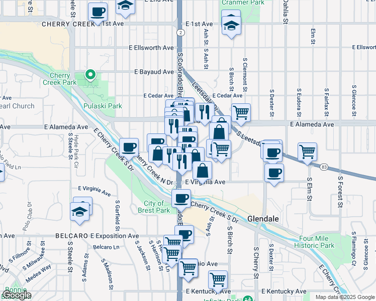 map of restaurants, bars, coffee shops, grocery stores, and more near 400 South Colorado Boulevard in Denver