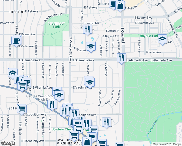 map of restaurants, bars, coffee shops, grocery stores, and more near 366 South Newport Way in Denver