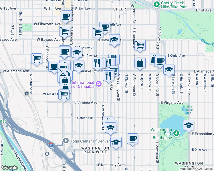 map of restaurants, bars, coffee shops, grocery stores, and more near 393 South Pearl Street in Denver